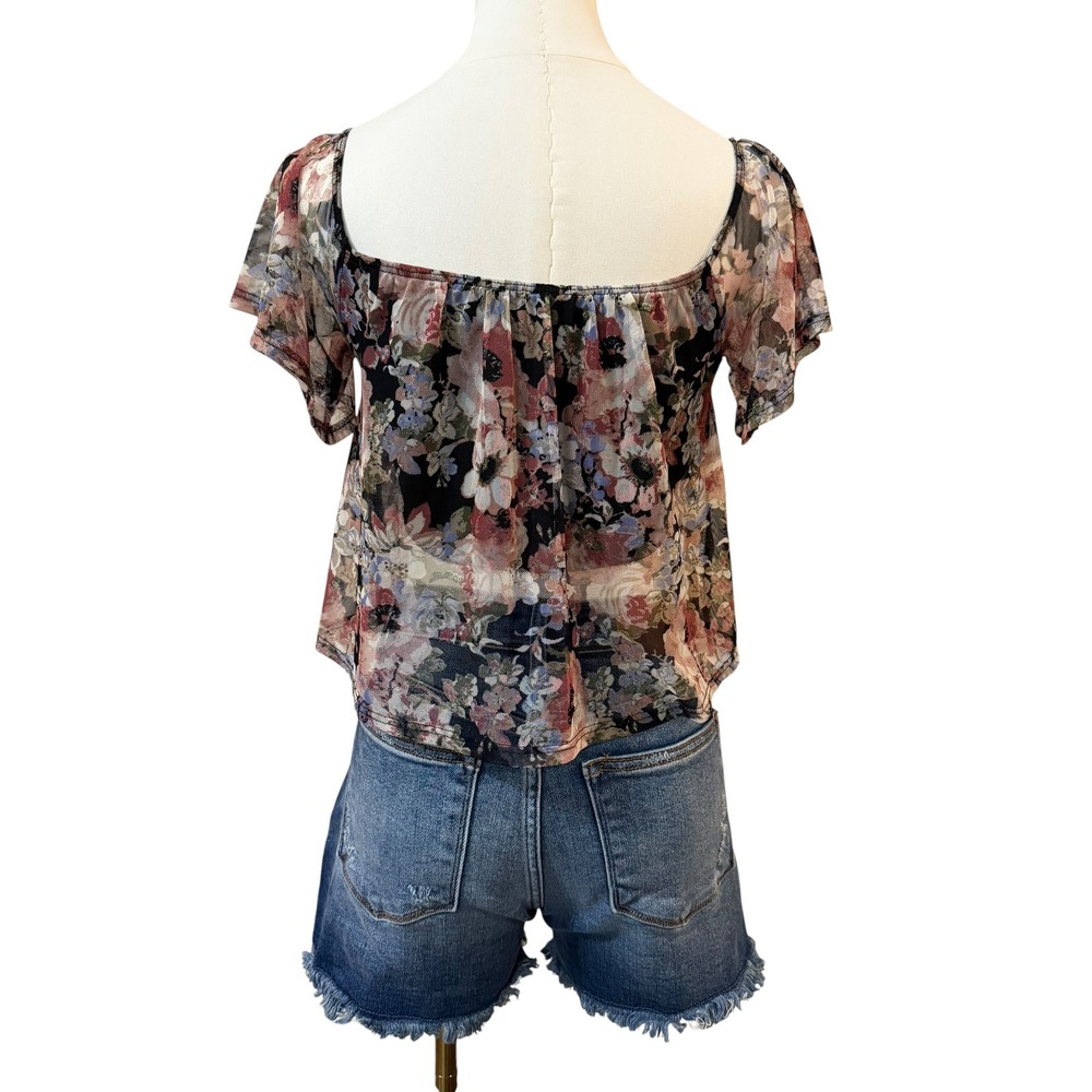 Wet Seal Floral Mesh Overlay Crop Top Built-in Cami Black XS Y2K Fairy Grunge - Picture 2 of 16